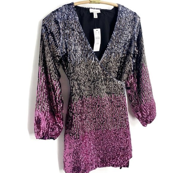 TOPSHOP Ombré Sequin Long Sleeve Wrap Minidress 2P - Picture 4 of 10